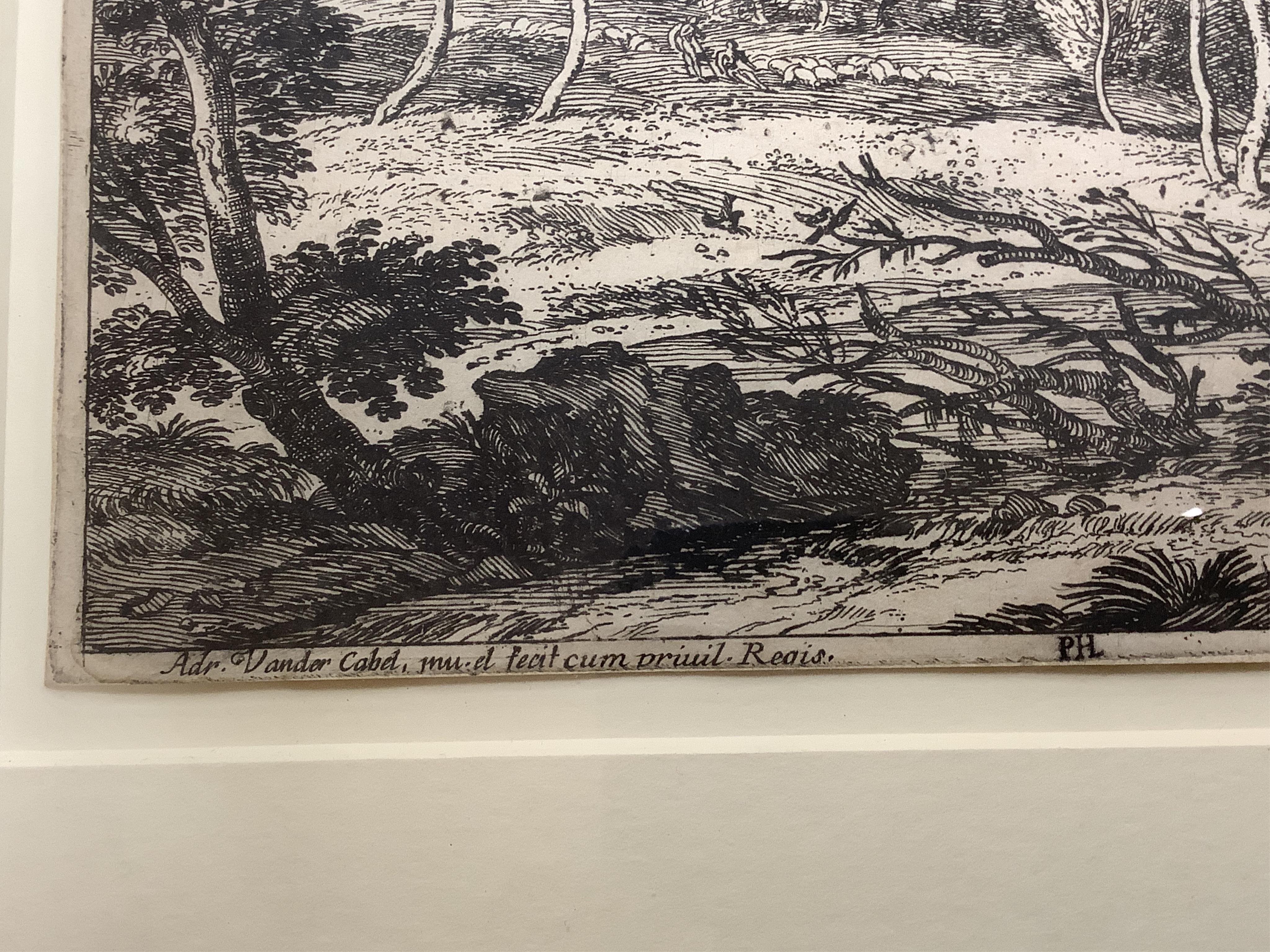 After Jonas Umbach the elder (German, 1624–1693), ‘Italian Landscape with Ruins’, etching and after Adriaen van der Cabel (Dutch, 1631-1705), Landscape with woman Walking Along the River’, etching, largest 15 x 23cm